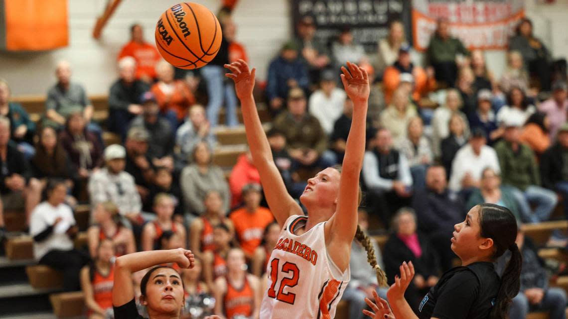 Laney Arnold rebounds. Atascadero girls beat Mendota in a playoff basketball game on Feb. 18, 2025.